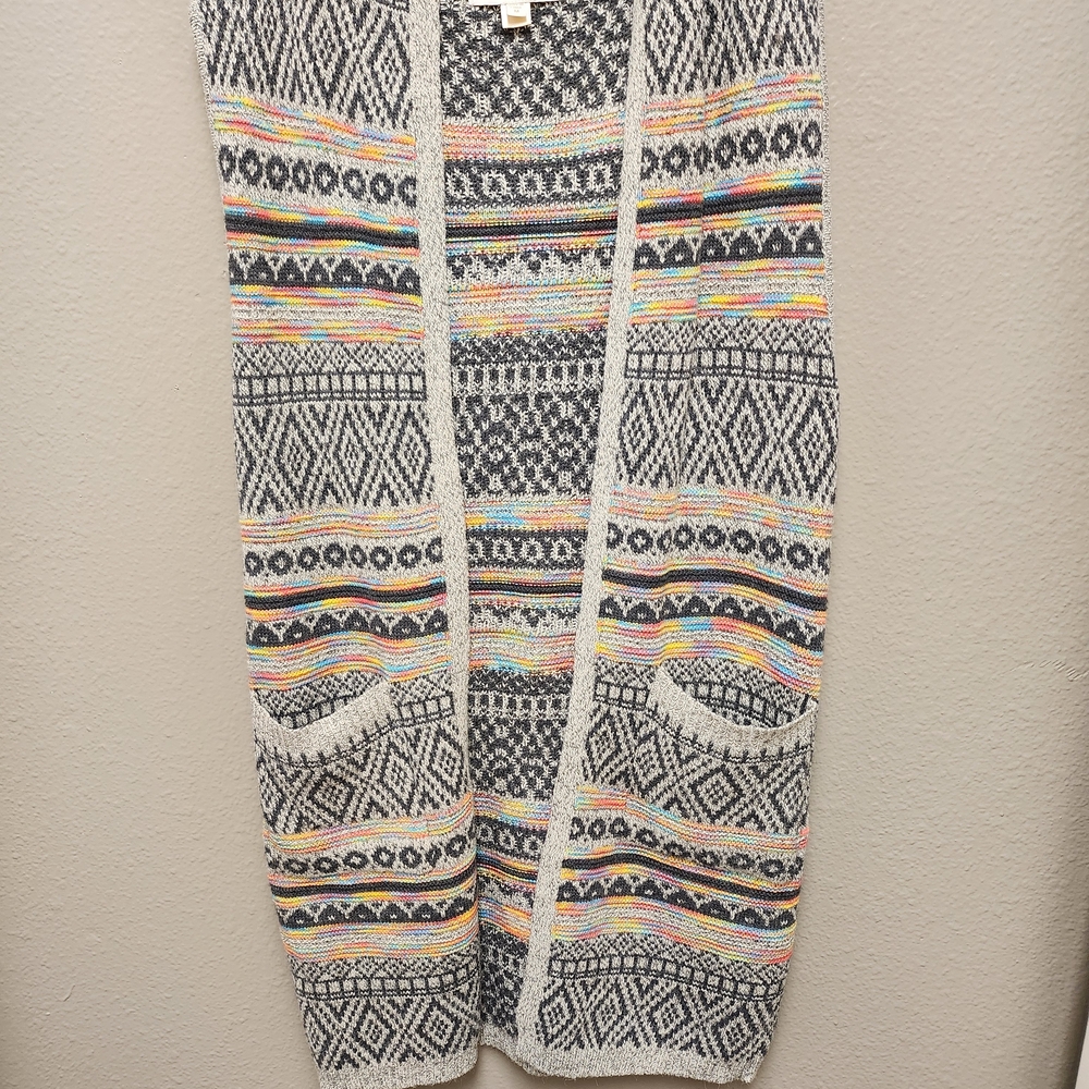 Monteau Los Angeles Long Sweater Vest Colorful Patterned Knit Cardigan‎ SZ Med